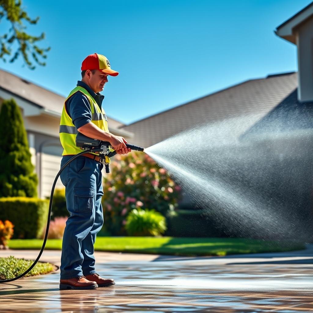 Pressure washing contractor cleaning a driveway with a high-pressure washer