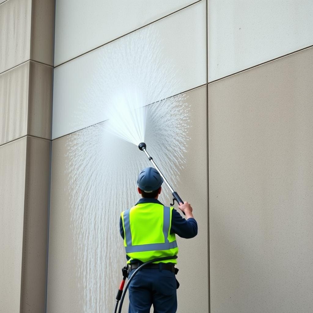 Contractor power washing a commercial building exterior